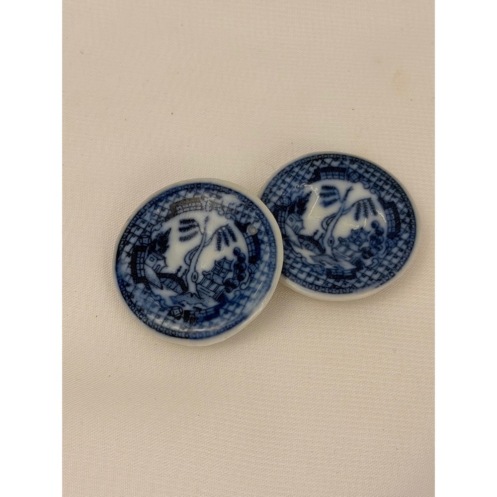 Vintage Blue Willow Miniature Plates Set Porcelain Blue White Transferware 1.5"